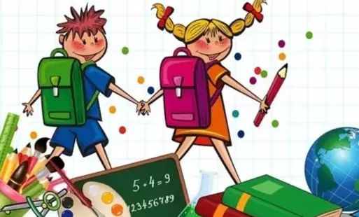 Rysunek, chłopiec, dziewczynka i przybory szkolne